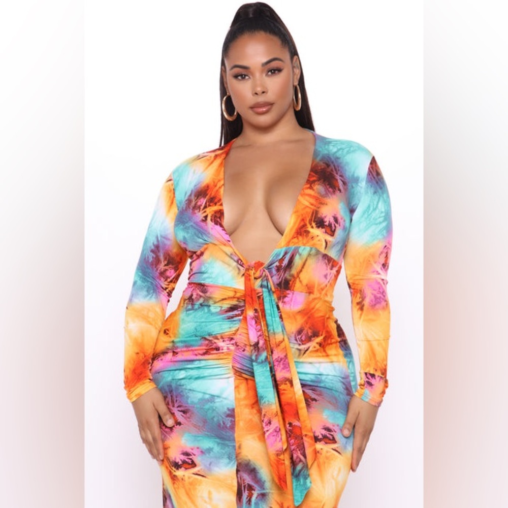 Tie-Front Tropical Print Bodycon Dress - Vibrant Orange & Multicolor |